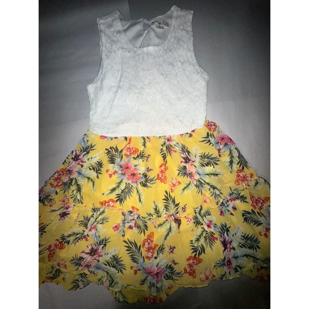 Knitworks Girls White Lace Yellow Tropical Floral Butterfly Dress Size 14
